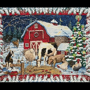 May include: A red barn with a white roof and snow on the ground. There are farm animals in front of the barn, including a cow, a pig, a sheep, and a goat. There is a Christmas tree with red ornaments and a crescent moon in the sky.
