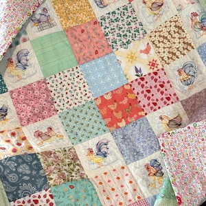 Chicken patchwork Baby toddler Quilt, embroidered chickens, baby blanket, flannel, quilted, ready to ship 40 x 56, rainbow of colors, flower