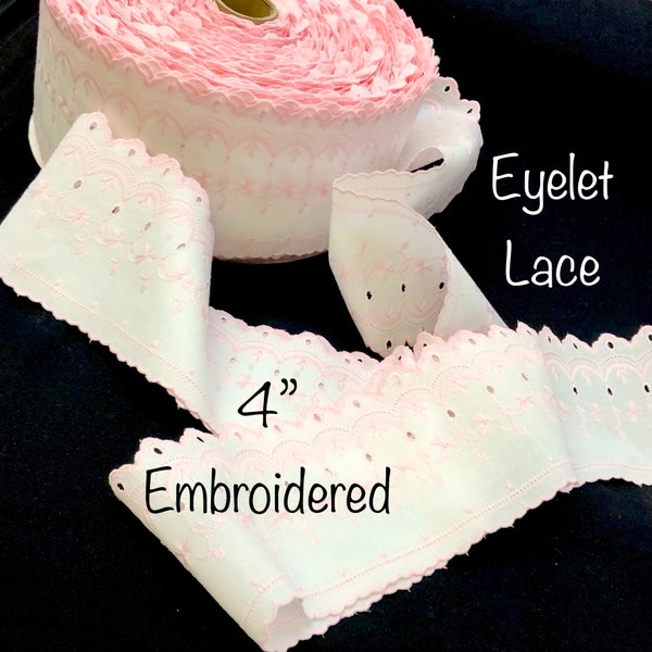 10 yards Pink white eyelet Lace, bulk lace, 4" wide, girl dress lace, wedding dress making, hair crafts, dolls gift wrapping, sale discount