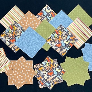 56 Kitten cat pre cut quilt blocks, 7&quot; squares, child quilt blocks, Kitty cat fabric, stripes, flowers, blue green orange, calico tabby cat