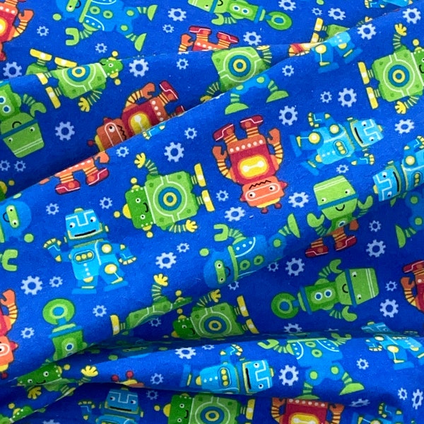 Robots on Blue Flannel Fabric 100% Cotton, Green Orange Red robotics, bright green blue dot coordinate, spaceship fabric, rocket outer space