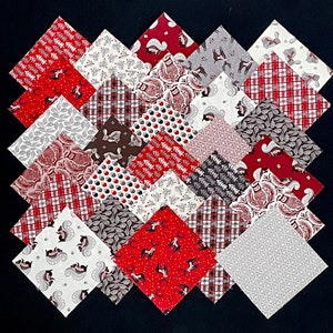 50 CHRISTMAS reindeer, owl, bunny skunk, plaid 6" pre cut square fabric blocks, Cotton, Holiday quilt, red gray cream, snowflakes, trees