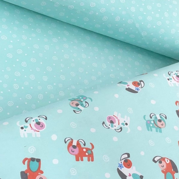 Twinkle Star flannel, aqua puppy dog, aqua swirl coordinate, soft blanket fabric, by Benartex -Twinkle comfort, girl boy flannel