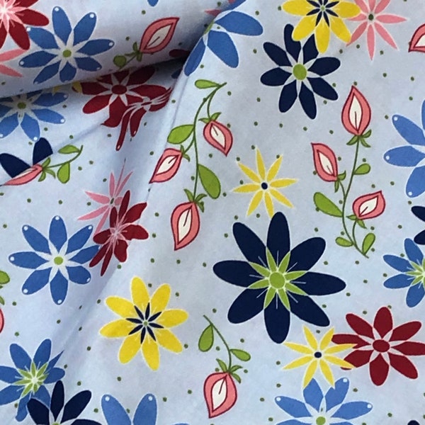 flowers Conservatory cotton fabric, blue yellow red pink, green vines, by Riley Blake, top quality fabric, quilting, sewing spring fabric