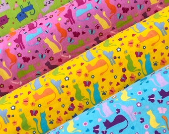 Kitty Cat flannel, kitten fabric, bright colors, blue pink green yellow, baby blanket fabric, child quilting fabric, sold by the yard