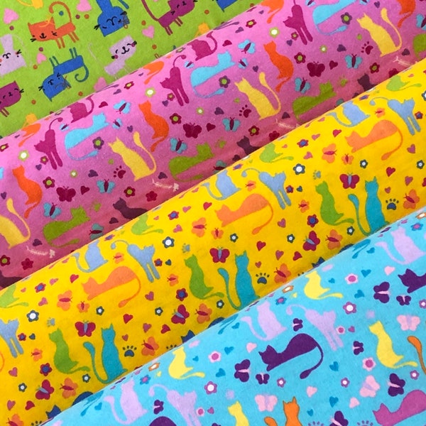 Kitty Cat flannel, kitten fabric, bright colors, blue pink green yellow, baby blanket fabric, child quilting fabric, sold by the yard