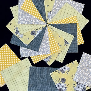 SALE 84 gelbe Blume, quadratische Quiltblöcke, 18 cm, grauer, gelber Baumwollstoff, Patchwork-Quiltstoff, quadratischer Block, Polka Dots