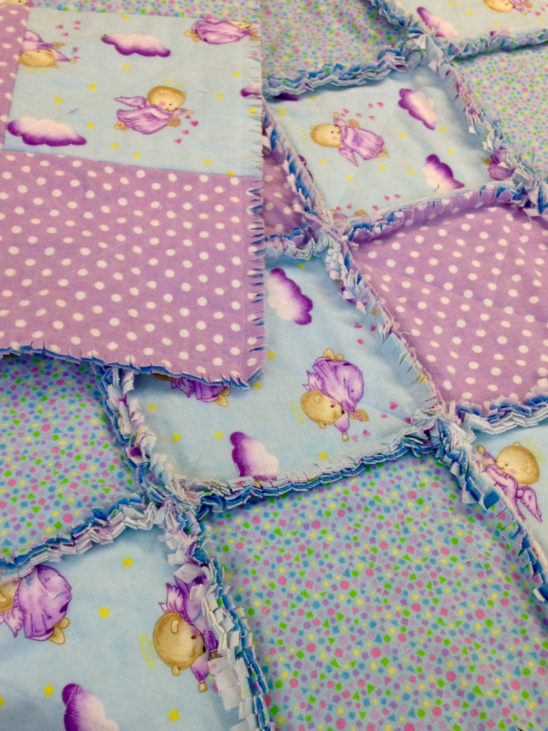 35 x 35 purple aqua blue polka dot hearts Flannel blanket Baby rag quilt Teddy bear angels shower gift 3 layers of top quality flannel
