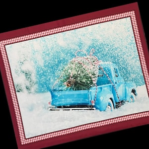 Classic Christmas Old Truck, Fabric panel, Quilt Panel - 100% Cotton Fabric, red check border, aqua blue truck, Winter snow, Christmas tree