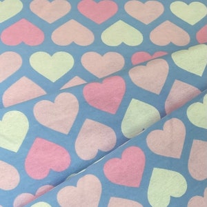pink white hearts, pink blue, flannel fabric, cotton, Valentines, baby blanket flannel, by the yard