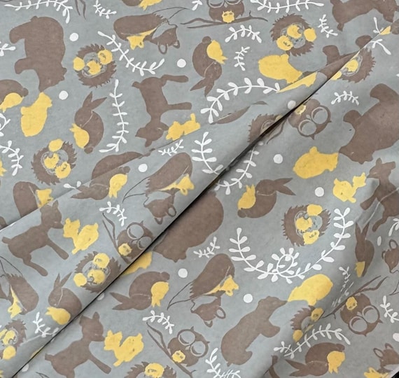 Woodland animals on gray, Comfy Cotton Flannel by Camelot, yellow, bunny owl bear fox deer, quilting flannel
