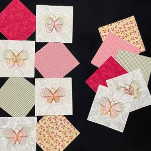 50 Bestickte Schmetterlinge 7&quot; vorgeschnittene Quilt Blocktop Kombination, rosa gelb grün, 100% Baumwolle, Schmetterlinge, Patchwork oder Rag Quilt Top