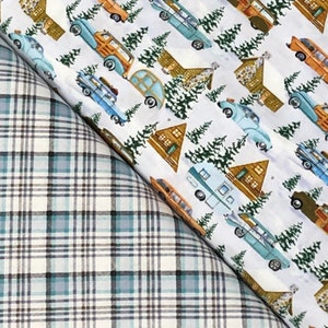 Snowy Woods pine tree cabins Winter Woodland fabric, by Henry Glass, plaid gray blue white, forest cabin quilting Christmas Holiday fabric