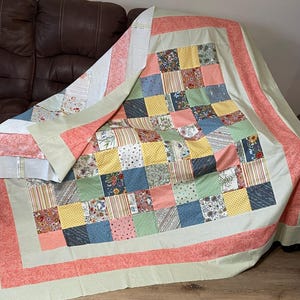 Patchwork spring Quilt Top, Multi-Colors, bordered in green & blush, 73&quot;x 78&quot; unfinished hand made Pieced Quilt Top, flowers, dots, stripes