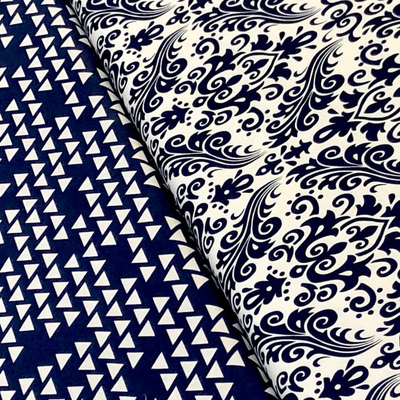 Navy Blue White Damask Fabric 1 2/3 Yd White Triangles Etsy