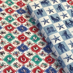 May include: Two patterned fabrics. One features a repeating pattern of cowboys, horseshoes, and cowboy hats in red, green, and blue diamonds on a white background. The other fabric has a blue and white checkered pattern with cowboy-themed illustrations.