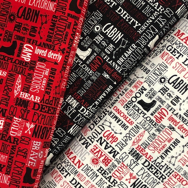 Wild at Heart, adventure words quotes, wander explore, camp, cabin cotton quilt fabric by Riley Blake, red gray black cream, Ready to ship