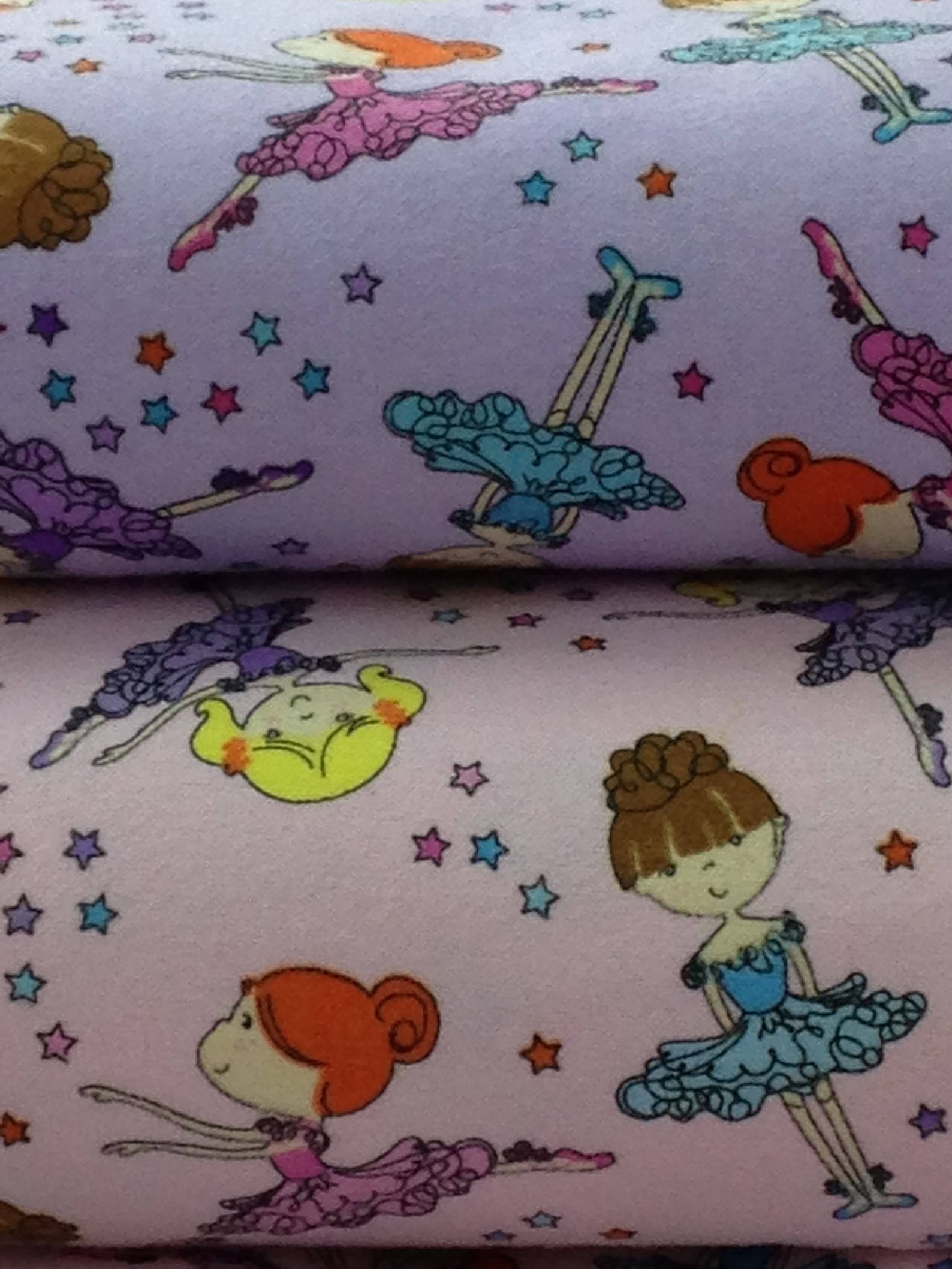 dancing ballerina girl, stars, ballet shoes, purple pink flannel, dancing fairy fabric, little girl fabric