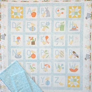Little Chicks quilt kit - Alphabet 36&quot; in aqua by Bonnie Sullivan for Maywood Studio 100% Cotton Flannel, top binding and backing included