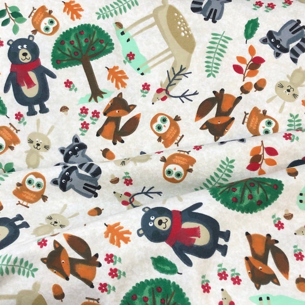 Woodland flannel, Bear raccoon fox bunny owl wilderness fabric, forest animal flannel, baby and toddler fabric, nursery material, quilting