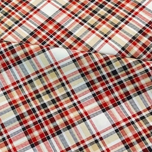 Timber Gnomies fabric, 100% cotton, Henry Glass, red tan black plaid, bear beaver, reindeer, sleigh snowflakes, repeating rows, woodland