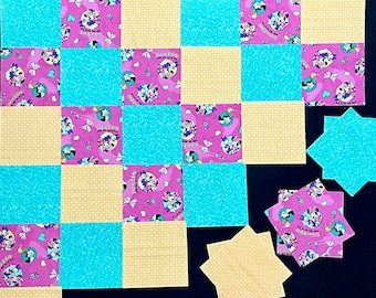 42 Minnie Mouse Daisy duck quilt kit, 7 inch pink turquoise yellow pre cut cotton fabric quilt blocks, polka dot aqua heart plaid,patchwork