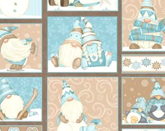 I Love Sn' Gnomies, Henry Glass de Shelly Comiskey, tela de franela de gnomo impresa de 2 capas, azul tostado beige, copos de nieve de invierno de Navidad de vacaciones