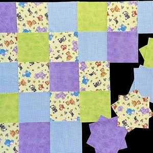 May include: A quilt block pattern with a variety of animal prints. The quilt block is made up of 12 squares, each with a different animal print. The prints include a variety of colors, including purple, green, yellow, and blue.