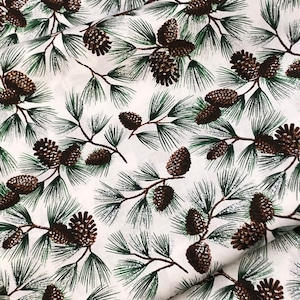 Christmas Pinecone, tree branches, brown green, acorn woodland, Holiday outdoor adventure quilt fabric, tree, by David Textiles