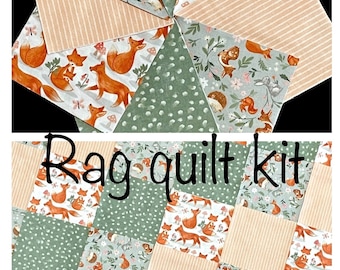 Woodland animal 72 quilt blocks rag quilt kit, pre cut 7&quot; flannel fabric squares, Baby in Bloom, 3 wishes fabric, fox deer bear, green coral