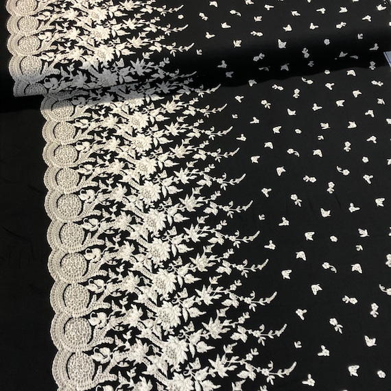 Serenity Border Print In Black With Cream Floral Curtains Etsy