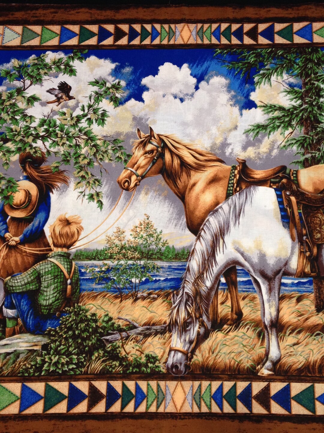 Horse Fabric Panel, Wall Hanging, Brown White Horse, Children Riding