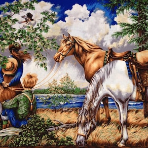 Paneel paardenstof, wandkleed, bruin wit paard, kinderrijpaarden, paard van het wilde westen, paneel ca. 1 yd, stof coördineren op maat gesneden