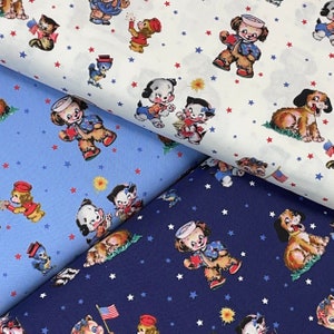 May include: Two fabric swatches with a repeating pattern of cartoon dogs, cats, and birds wearing patriotic hats and holding American flags. The fabric on the top is white with red stars and the fabric on the bottom is blue with white stars.