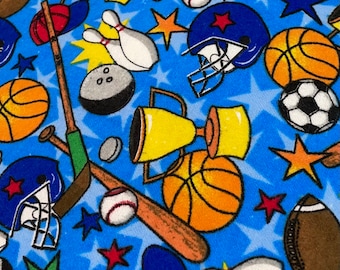 Sports, football, basketball, baseball, Soccer, bowling, All Sports cotton FLANNEL fabric, blue children sports decor, quilting, crafts