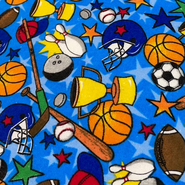 Sports, football, basketball, baseball, Soccer, bowling, All Sports cotton FLANNEL fabric, blue children sports decor, quilting, crafts