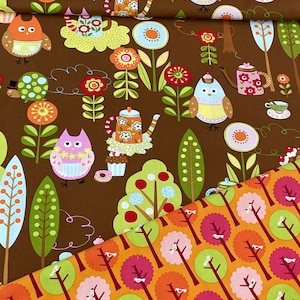May include: Brown fabric with a repeating pattern of owls, birds, flowers, and teapots. The fabric has a whimsical and retro style.