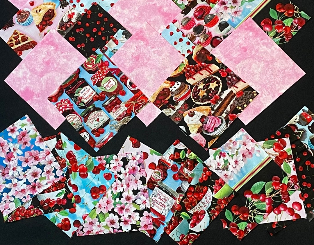 58 Cherry 7 Pre Cut Square Quilt Blocks, Cherry Pie, Chocolates