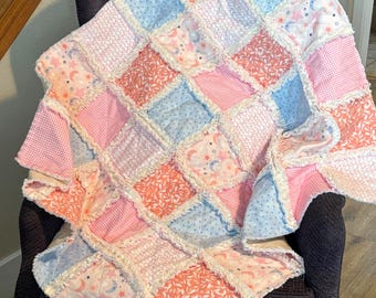 Moon Child Pastel pink blue coral rag quilt kit, soft flannel, 84 quilt blocks, stars moon, pink gingham, coral leaf, blue polka dots, 36x44