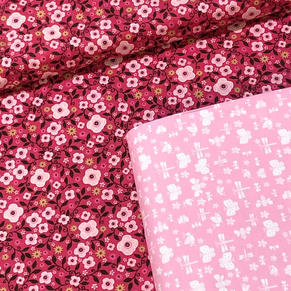 Rosa brauner Blumenstoff, Libelle Schmetterling rosa Baumwollstoff, Blumengarten, Mädchenstoff, Blumen quilting, Koordinaten, verkaufter Massenware