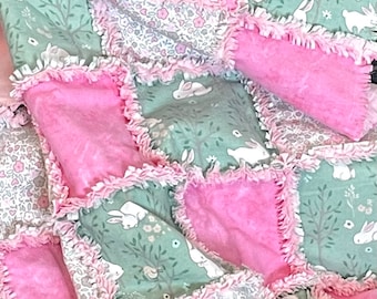 Bunny on green flower rag quilt kit, 72 pre cut quilt blocks 7" squares, pink green white flannel, Floppy Garden Bunny, DIY blanket 36x36