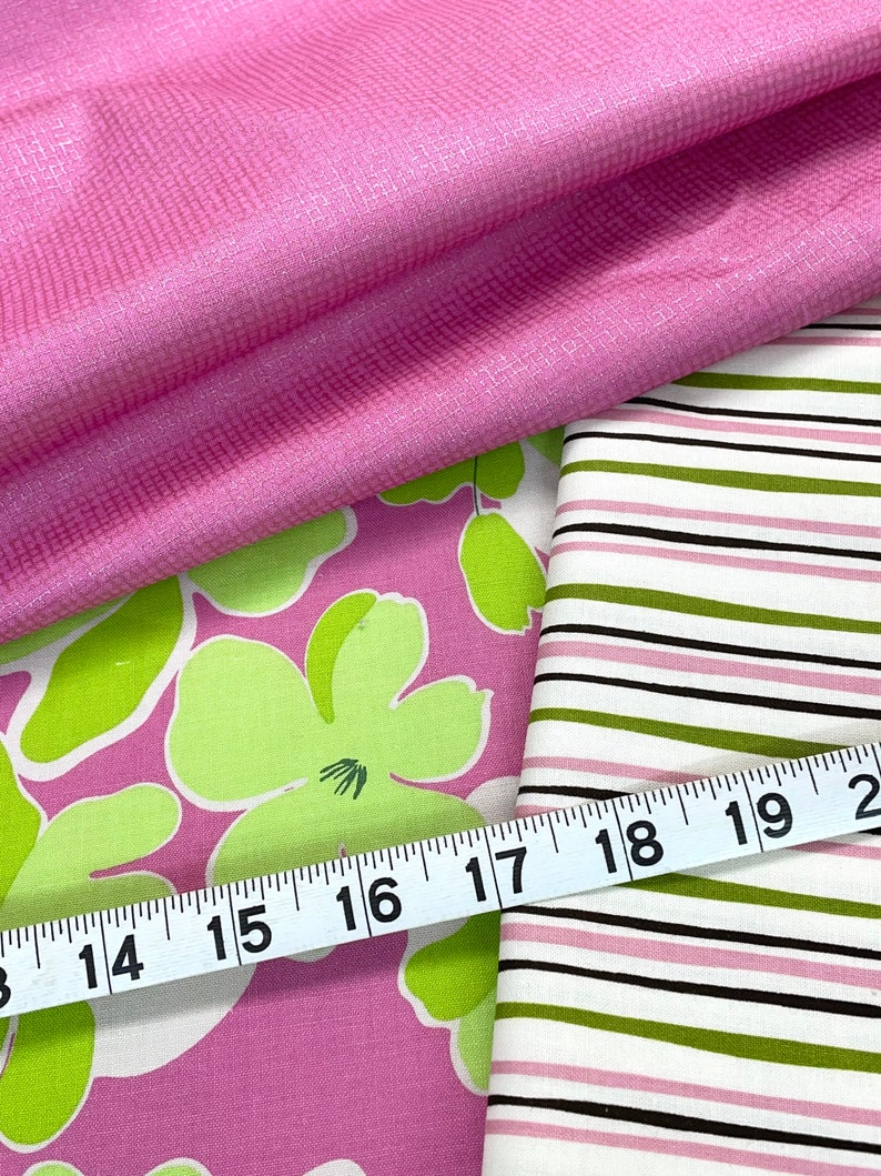 quilting fabric pink green flowers sold by the yard Floral pink lime green cotton broadcloth coordinates stripes