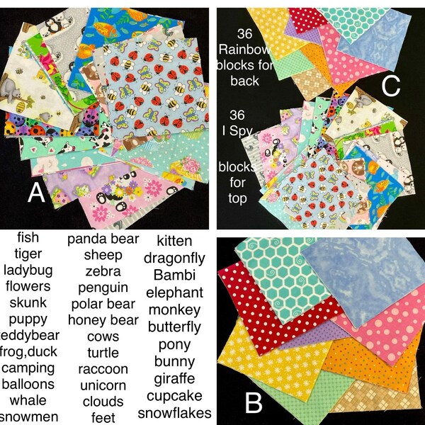 Girl I SPY 72 - 7" FLANNEL fabric squares quilt kit, rainbow back, bear ducks kitten cupcake monkey ladybug panda bear sheep DIY rag quilt