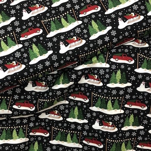Kersttradities, oude rode vrachtwagen, groene bosboom, zwarte mintgroene sneeuwmannenslee, vakantiestof Riley Blake 100% katoen verkocht op maat gesneden