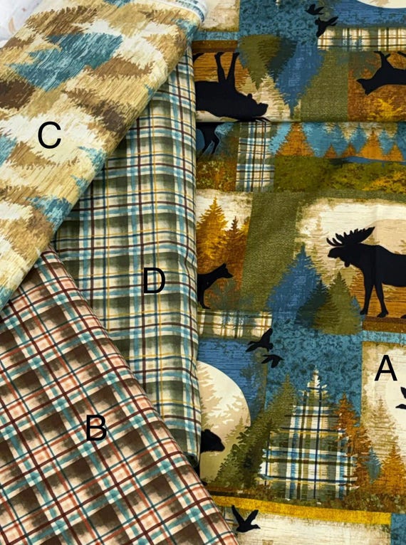 Woodland deer moose silhouette fabric, Wild and Free Multi Block Collage, bear wolf forest trees,plaid beige green blue brown by Clothworks