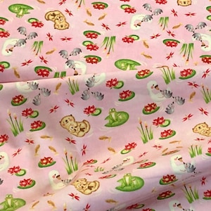 Woodland Forest animals, Hugs & Loves by Henry Glass, Animal quilt fabric, fish, frog rabbit hedgehog goose, lily pad, aqua blue, pink baby