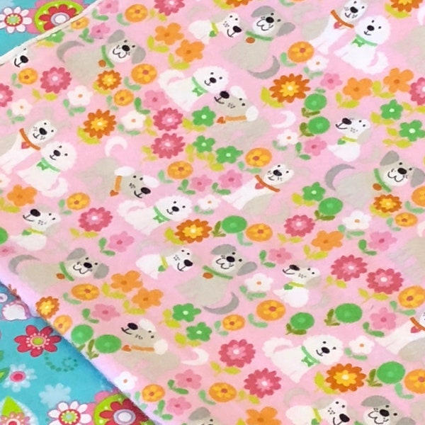 Kitten dog aqua pink Flannel Fabric, pink flower puppy Flannel, Quilt Fabric, baby child fabric, by the yard