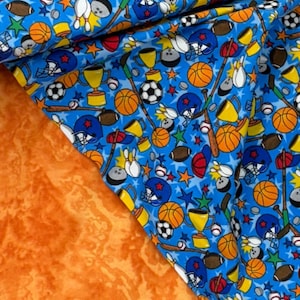 スポーツ、フットボール、バスケットボール、野球、サッカー、ボーリング、オールスポーツコットンフランネル生地、ブルーの子供用、キルト、工芸品、黄色とオレンジ色の星