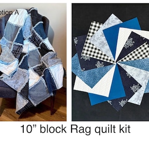 Precut rag quilt KIT, black white navy blue & gray flannels, 10" squares, plaid, stripe, polka dots, woolies flannel, DIY LAP rag quilt kit
