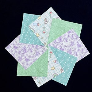 48 baby flannel, 7&quot; pre cut square quilt blocks, rattle, bottle, booties, pacifier, duck, green purple blue, patchwork baby quilt top kit